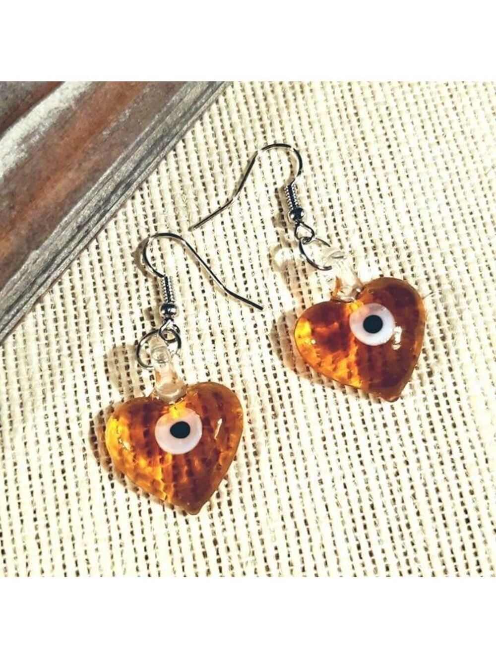 Evil Eye Murano Heart Earrings Amber